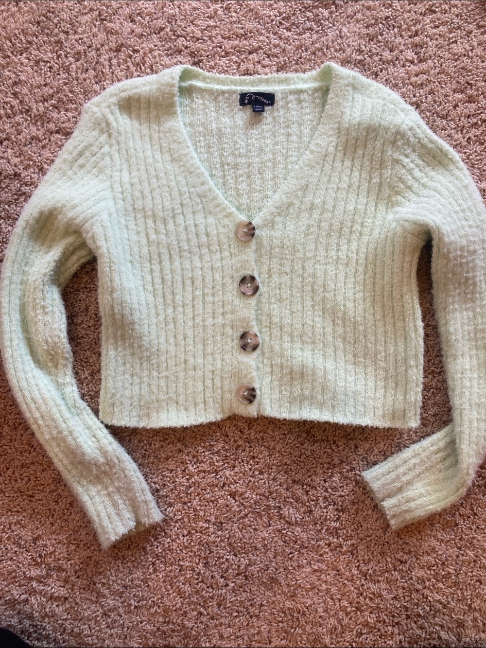 art class Light Sage Cropped Ribbed Button Cardigan